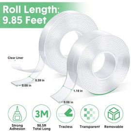 Thenshop 20 Rolls Double Sided Tape Heavy Duty 0.59 in + 1.18 in Total 98.5 ft Two Sided Adhesive Tape Transparent DIY Nano Tape for Wall Carpet Photo Car Posters Party Decoration