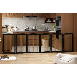 PUPETPO Freestanding Pet Gate for Dogs, Indoor Wooden Dog Gate for House, Extra Wide Dog gate, Foldable Dog Gate for Stair, Doorway, Hall, Support Feet Included, 120 Inch Wide, 6 Panels 32",Black&Gold