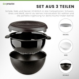 Go Practic Bowl Set with Strainer and Lid, 3 Pieces, Plastic, Kitchen Strainer, Salad Bowl, Dishwasher Safe, 3 L, Kitchen, Black