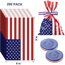 Tenare 200 Pcs Patriotic Cellophane 4th of July Treat Candy Goodie Bags Memorial Day Independence Day Red White Blue Star Loot Bags with Ribbon 4th of July Party Favor Decor, 6 x 9 Inch
