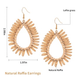 Boho Raffia Teardrop Earrings for Women - Handmake Statement Drop Dangle Earrings, Summer Beach Vacation Jewelry (Nature Brown)