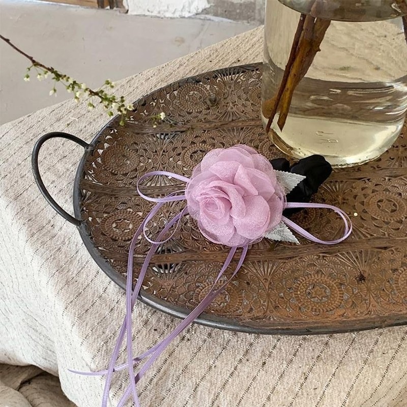 FASELE Hair Rubber Hair Elastic Scrunchy Rose Flower with Ribbon