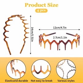 Set of 4 Zig Zag Headbands, Recycled Plastic Wavy Toothed Hair Band, Tooth Comb Hairband Wavy Zigzag Headband for Women and Men, Classic 90s Hair Hoop Accessories (Black + Brown + Khaki + Coffee)