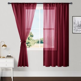 Hiasan Sheer Curtains 2 Panels for Christmas Decor, Rod Pocket Lightweight Airy Voile Drapes Light Filtering Window Curtains for Living Room/Nursery, W52 x L63, Burgundy
