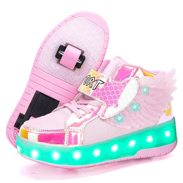Qneic Roller Shoes USB Rechargeable Roller Skate Shoes Wheels Sneakers