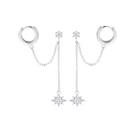 SLUYNZ 925 Sterling Silver Small Hoop Cuff Earrings Wrap for Women Teens Double Piercing Earrings Chain Star Tassel, Sterling Silver, Cubic Zirconia