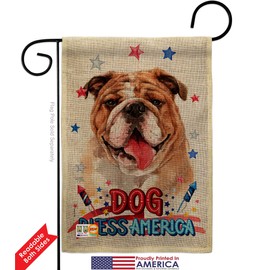 Patriotic Bulldog Burlap Garden Flag Set with Stand Animals Dog Puppy Spoiled Paw Canine Fur Pet Nature Farm Animal Creature Small Decorative Gift Yard House Banner Double-Sided Made In USA 13 X 18.5