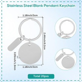 SUNNYCLUE 1 Box 20Pcs Engravable Metal Keychain Blanks Round Keychain Blanks Silver Stainless Steel Stamping with Key Ring Laser Engraving Rectangle Tags for DIY Crafts Graduation Gifts Pet Tag