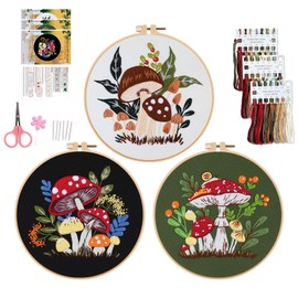 3 Pcs Mushroom Embroidery Kit, Hand Embroidery Kits with Mushroom Patterns for Beginners Adults with Hoop Needle Art Craft Handy Sewing Set