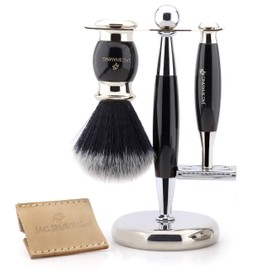 Jag Shaving Mens Shaving Kit Double Edge Safety Razor with Leather Pouch, Black Silver Tip Hair Shaving Brush, Stand and Bowl Perfect Set for Men