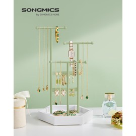 SONGMICS Jewelry Holder, Jewelry Organizer, 3 Tiers and 1 Tray, Jewelry Display Stand with Metal Frame, Necklace Earring Bracelet Holder, for Rings, Laurel Green and Cloud White UJJS003C01