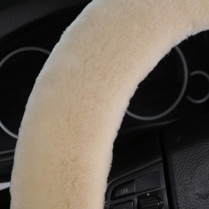Soft Fluffy Warm Genuine Sheepskin Car Steering Wheel Cover, Fuzzy