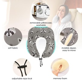 KOPIRIT Raccoon Travel Pillow Travel Neck Pillows for Sleeping Airplane Memory Foam Neck Pillow Soft Comfort Support Pillow with Storage Bag for Sleeping Car Train Bus Home Use