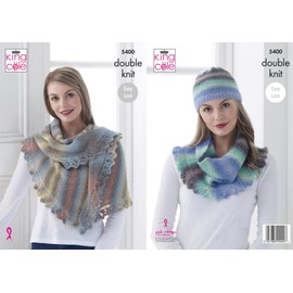 King Cole 5400 Knitting Pattern Womens Shawl Cowl and Hat in Riot DK