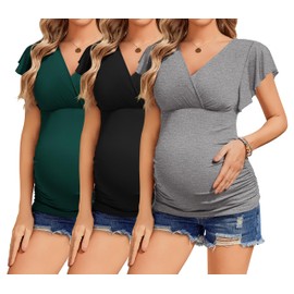Ekouaer Maternity Nursing Tops 3 Packs Flying Short Sleeve Pregnancy T-Shirts V Neck Breastfeeding Shirts Lake Green/Black/Grey XXL