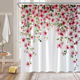 Pink Floral Shower Curtain Flower Green Leaf Leaves Weeping Vine Nature Spring Fabric Curtain with Hooks for Bathroom Decor,70x70 Inch