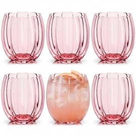 Remerry 6 Pack Pink Stemless Glasses Petal Glass 12oz (350ml) Wine Glass Cups Hand Blown Drinking Glasses for Cocktail, Juice & Various Mixed Drinks for Galentine Wedding Party Reception Grand Event