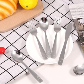 15Pcs Kids Silverware Set 410 Stainless Steel Kids Fork Spoon and Cutter Set Ergonomic Smooth Toddler Utensils Funny Dinosaur Kids Flatware Set Dishwasher Safe for Children Toddler (Silver)