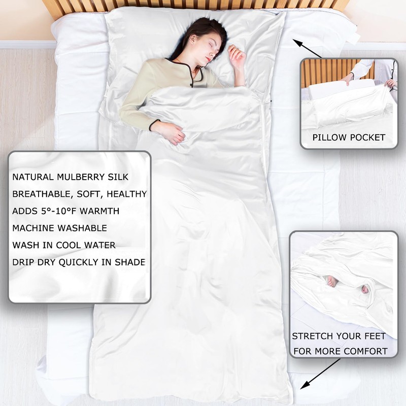 Exermil 100% Silk Sleep Sack with Zippers on 3 Sides,