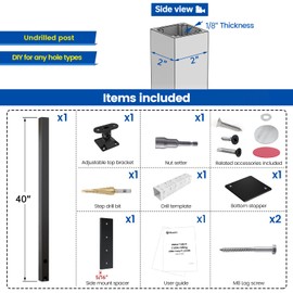 Muzata Aluminum Black Side Mount Cable Railing Post 36 Inch 36"X2"x2" Undrilled Space-Saving Cable Railing System Kit Indoor Outdoor Seaside with Paper User Guide PW01 BNAS