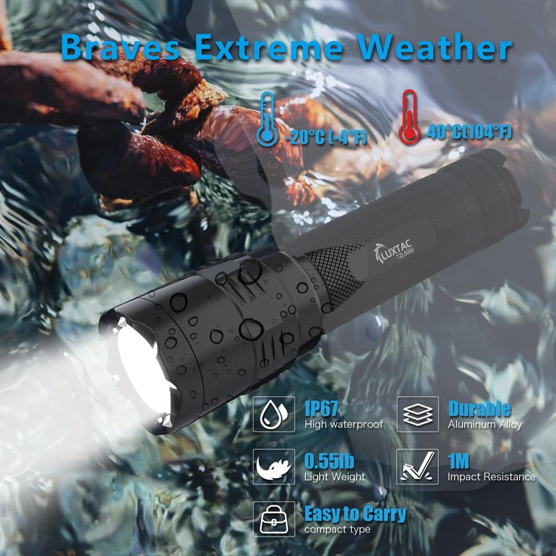 Zoomable Tactical Flashlight High Lumens-5000LM, 6 Modes,Dual Switches,Window Glass Breaker,10