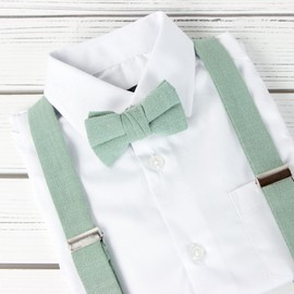 Spring Notion Boys' Linen Blend Suspenders and Bow Tie Set for Kids Toddlers Infants Wedding Ringbearers Rustic, Sage Small