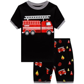 Akyzic Boys Pajamas Fire Truck 100% Cotton Black Pjs Toddler 2 Piece Short Sleeve Sleepwear Kids Fireman Clothes Set 10t