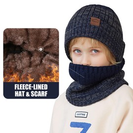 TMEOG Winter Hat Children's Scarf Gloves Set, Knitted Hat Toddler Loop Scarf with Fleece Lining Touchscreen Gloves Hat, Scarf & Glove Sets for Boys Girls 4-10 Years, blue