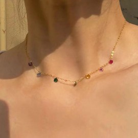 Boho Crystal Tassel Rainbow Necklace Gold CZ Pendant Necklace Wedding Colourful Necklace Bridal Crystal Collar Petite Thin Chain Minimalist Necklace Jewellery for Women and Girls, Zinc
