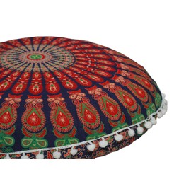 CRAFT KALA Mandala Floor Pillow Cushion Cover Seating Throw Cover Hippie Decorative Bohemian Ottoman Poufs Pom Pom Pillow Cases Boho Indian Cotton Living Room Yoga Home Décor (24" Round, Multi Mirchi)