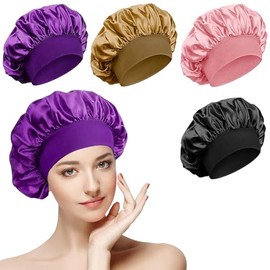 4 Pcs Sombrero de Satén para Dormir,Gorro Rizado Ajustable | Gorro para Dormir Gorro de Satén para Ducha para Hombre y Mujer con Banda Elástica Ancha 