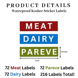 Kosher Sticker Labels, Pack of 216 - Kosher Stickers Meat Dairy Parve, Color Coded Labels for Food Labeling & Storage, Dishwasher Safe, Red Blue Green, 216 Labels - 72 of Each Color