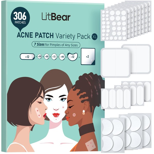 LitBear Large Acne Patches (7 Sizes, 306 Patches), Large Pimple