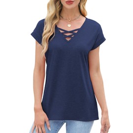 JomeDesign Womens T Shirts V Neck Short Sleeve Tops Dressy Casual Summer Tees Navy Blue