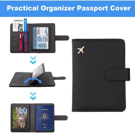 Travel Essentials Passport Cover Holder with Luggage Tags - Waterproof RFID Blocking Travel Wallet Set, Premium Leather Passport Case with Card Slots & Pen Holder for Women & Men (Black)