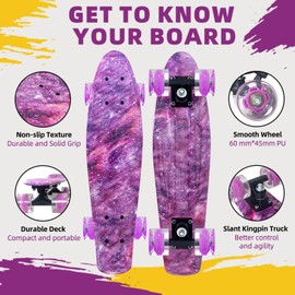 Nattork Skateboards 22 Inch Mini Cruiser Purple Skateboard Complete Retro Skate Boards with Colorful Light Up PU Wheels for Kids Girls Boys Beginners