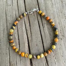 Kathy Bankston Handmade Bumble Bee Jasper Bracelet with Clasp, Small 4mm Yellow Orange Gemstone
