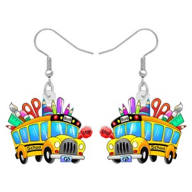 HUAGEO Teacher's Day Acrylic Rainbow Cute Yellow School Bus Earrings Dangle Back To School Novelty Jewelry For Women Teacher Holiday Charms Gifts (Multi)