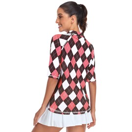 Misyula Womens Half Sleeve Golf Tops,1/4 Zip Polo Tennis Shirts Fast Dry Breathable Cooling Workout Tops Plus Size Leisure Activewear Outfits,Brown-Pink Argyle,3XL