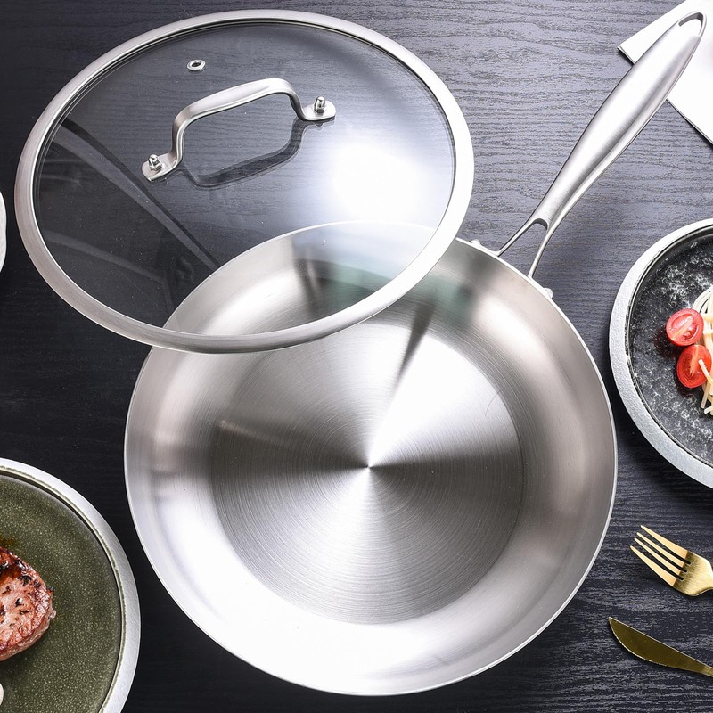 LOLYKITCH 8.5 Inch Tri-ply Stainless Steel Frying Pan with Lid,Skillet,Induction