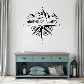 Compass Wall Decals Adventure Awaits Wall Stickers Mountains Home Interior Stickers Vinyl Wall Decor for Bedroom Living Room Y46 (Black)