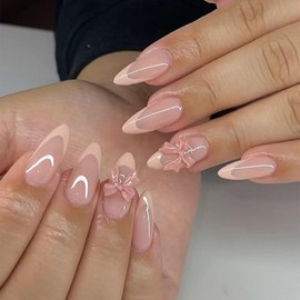 Handmade Press on Nails Medium Almond MABKJLF Nude French Tip Fake Nails False Nails with Cute Bow Charms Designs Glossy Glue on Nails Natural Nails Stick on Nails for Women Girls 24 Pcs