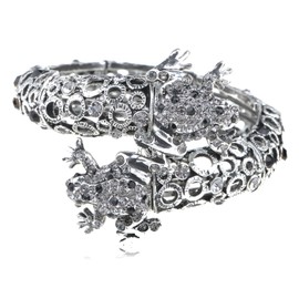 Alilang Metal Jet Black Crystal Rhinestone Twin Frog Couple Bracelet Bangle Cuff