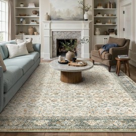 PureCozy Beige Area Rug 8x10 Living Room Machine Washable Vintage Carpet Non Slip Indoor Retro Traditional Accent Throw Large Rug for Office Bedroom Dining Room