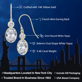 Gem Stone King 14K Yellow Gold White Topaz Hook French Fish Ear Wire Dangle Earrings For Women (3.48 Cttw, Gemstone November Birthstone, Oval 8X6MM, Round 3MM)