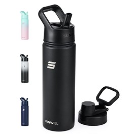 SUNWILL Stainless Steel Water Bottle With Straw, 650ml Insulated Water Bottle Metal, Leakproof Water Flask for Gym & Travel, Dark