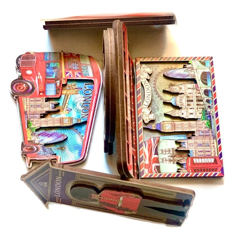 6 London Souvenirs wooden fridge magnets Union Jack British Souvenir