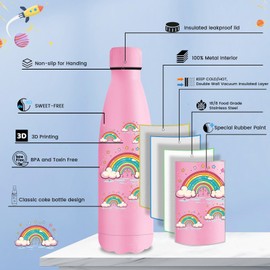 Vikastar Stainless Steel Water Bottle, 500 ml, BPA-Free Drinking Bottle, 3D Printed Thermos Flask, Leak-Proof Water Bottle for School, Bike, Camping, Fitness, Pink Rainbow