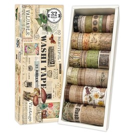 Juego de cinta washi vintage para álbumes de recortes y diarios - 32 rollos de flores, cintas decorativas bonitas con anchos variados, estética retro DIY, regalo para Biblia, diario de viñetas