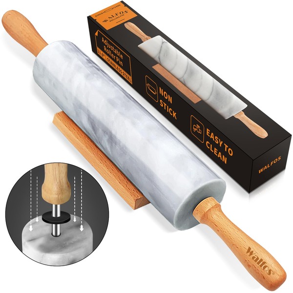 Walfos Marble Rolling Pin With Wooden Handles & Wood Cradle, 16.5 Inch Marble Rolling Pins For Making Pizza Dough And Tortillas, Dough Roller For Pie Crust, Cookie, Pasta (Gray & White)